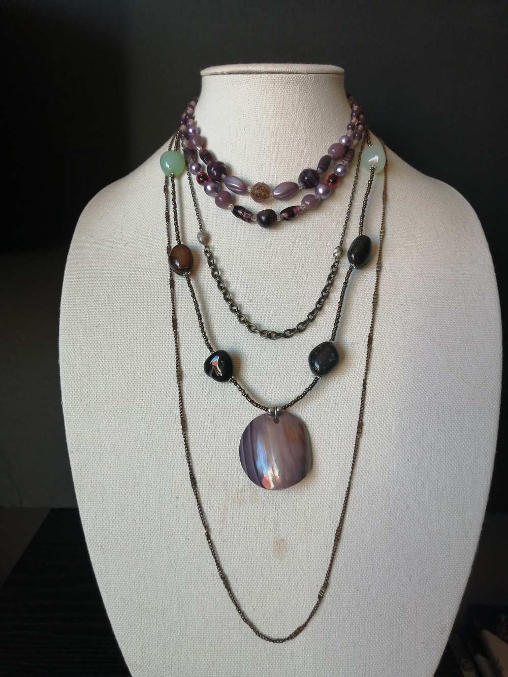 4pcs Layered Purple Bead MOP Pendant Bronze Tone Chain Necklaces Bundle